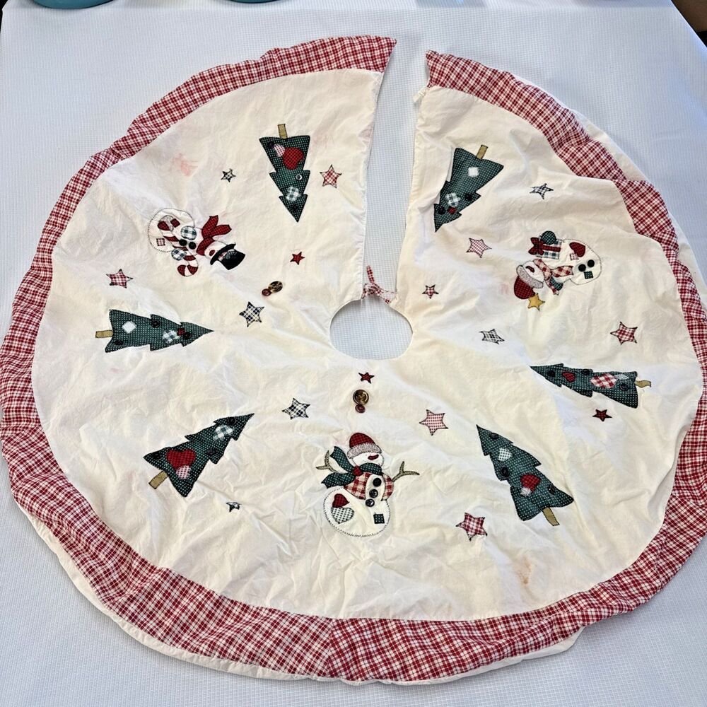 Vintage Folk Art 42" Christmas Tree Skirt & Stocking - Snowman Trees Patchwork